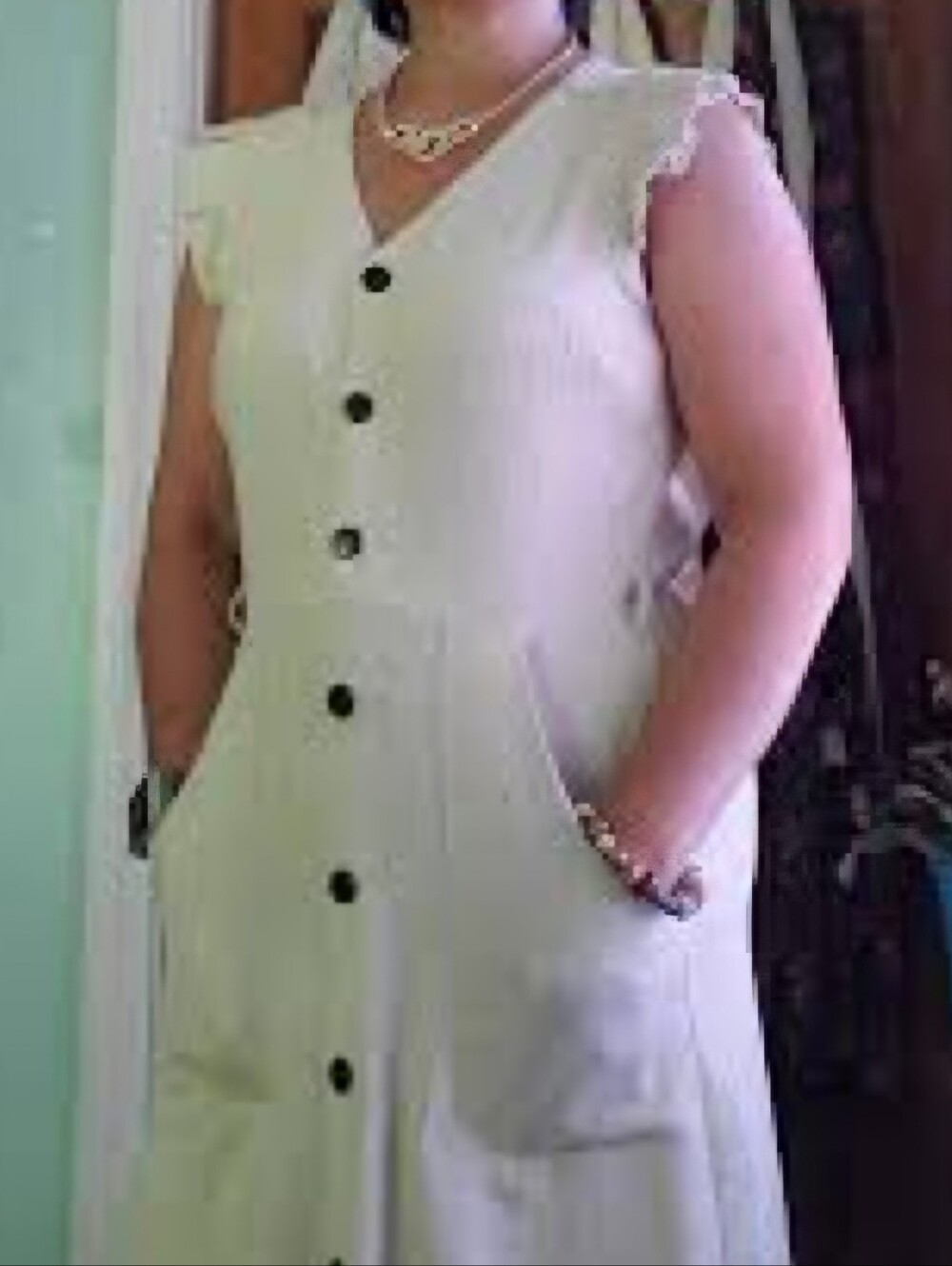 Sleeveless Linen-blend Beige Button-Front Midi Dress with Pockets
